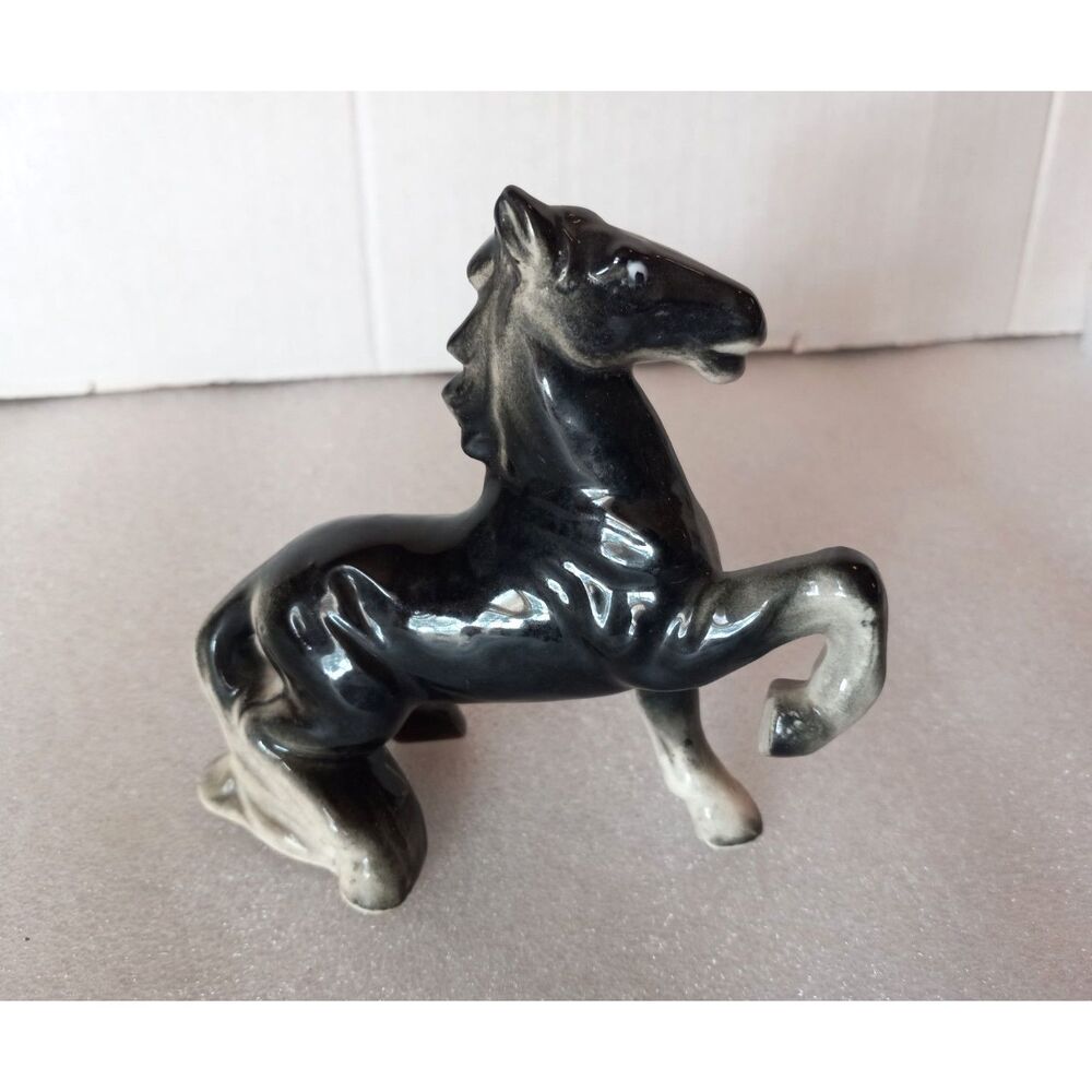 Midcentury 4" Goebel Style Ceramic Rearing Horse Figurine Glossy Black Stallion